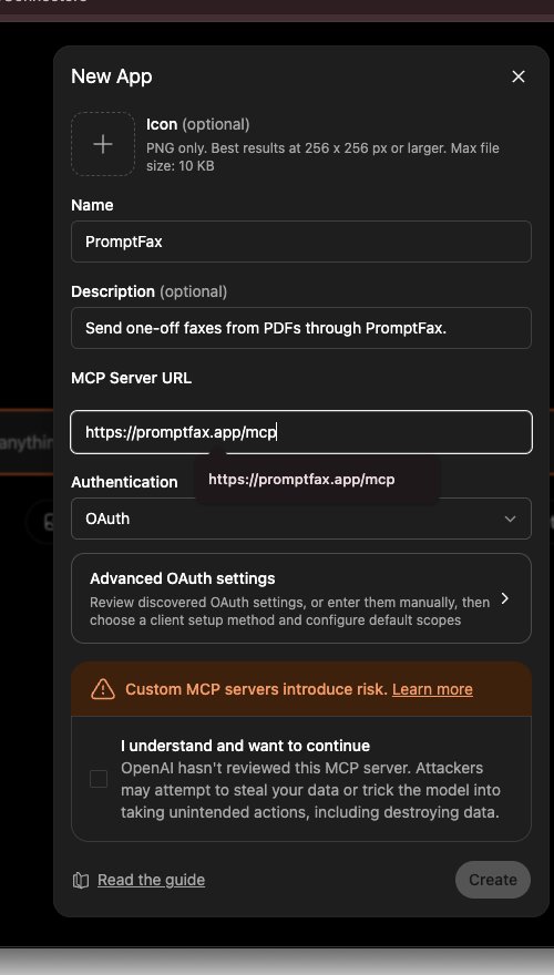 ChatGPT New App form with PromptFax name, description, MCP server URL, and OAuth selected