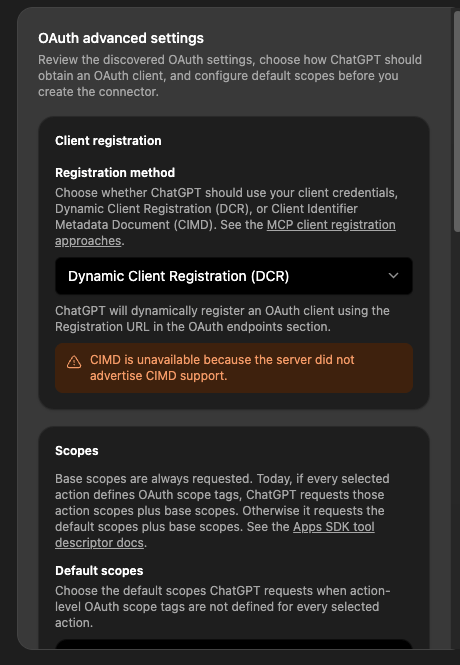 ChatGPT OAuth advanced settings showing Dynamic Client Registration and discovered PromptFax OAuth endpoints