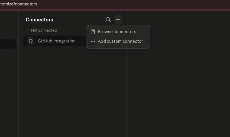 Claude Connectors page with Add connector menu open and Add custom connector selected