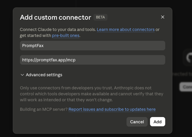 Claude Add custom connector form with PromptFax name and MCP server URL